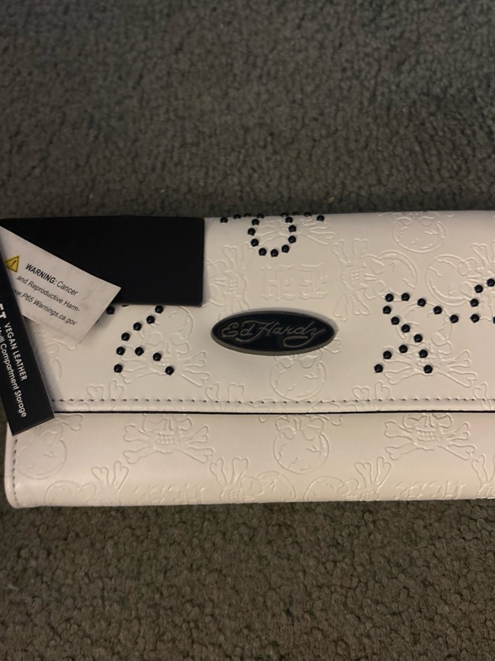 Ed Hardy White Wallet Clutch with Black Stud Accents